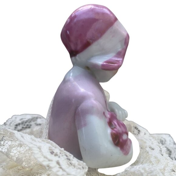 VTG Porcelain Pin Cushion Half Doll Lace Dress Pink Bonnet Rosy Cheeks - Picture 7 of 10